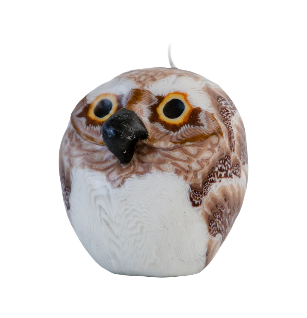 Decorative owl-shaped candle with a white and brown pattern on a transparent background