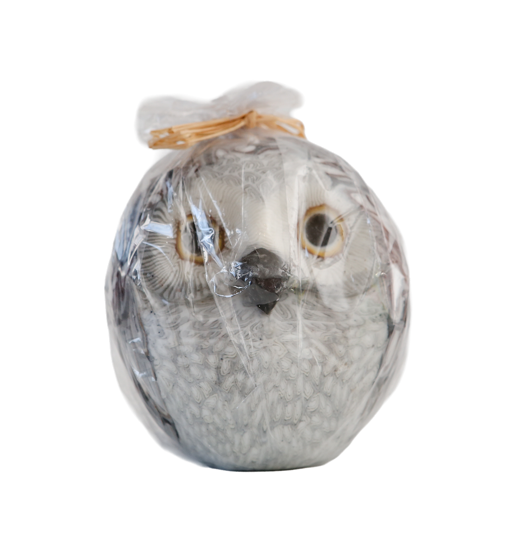 Owl shaped candle wrapped in clear plastic on a clear background