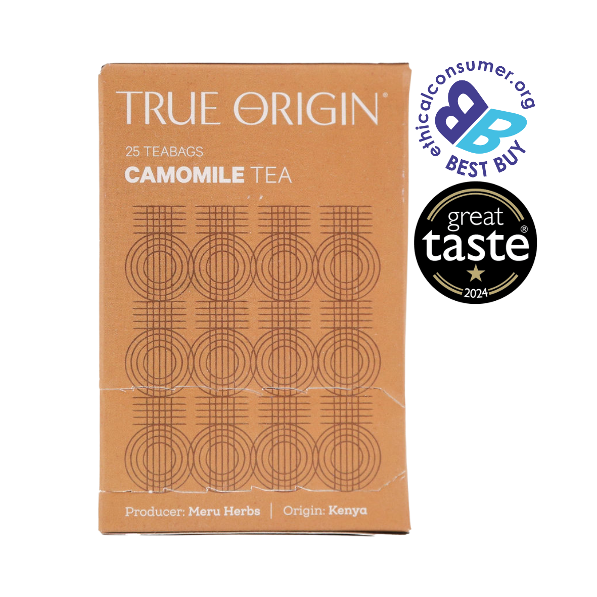 Box of True Origin ethical camomile tea with Best Buy and Great Taste logos on a white background
