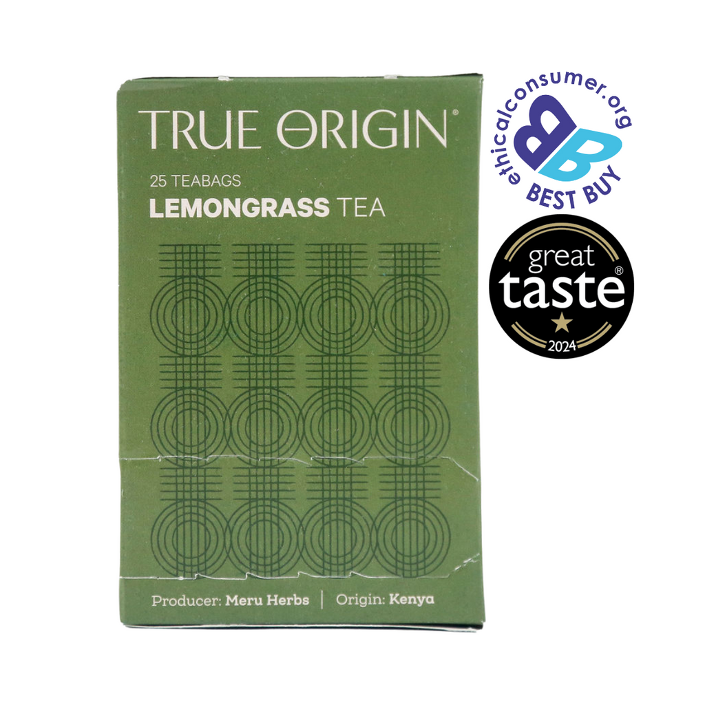 Green box of True Origin Lemongrass tea with Best Buy and Great Taste logos on a white background