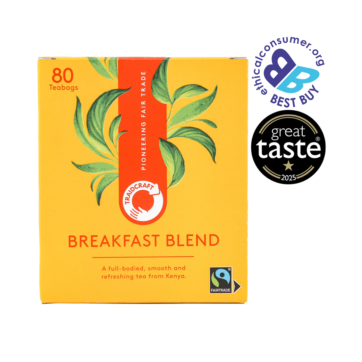 Box of Traidcraft Breakfast Blend tea with ethical certification logos on a white background.
