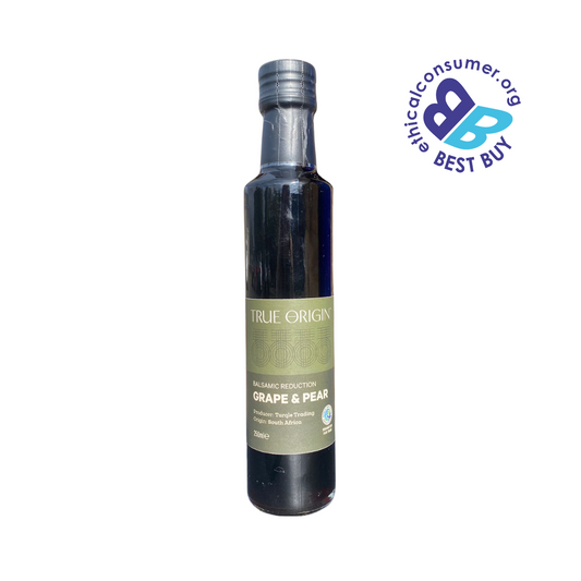 Bottle of True Origin grape and pear balsamic reduction with a 'Best Buy' label on a white background