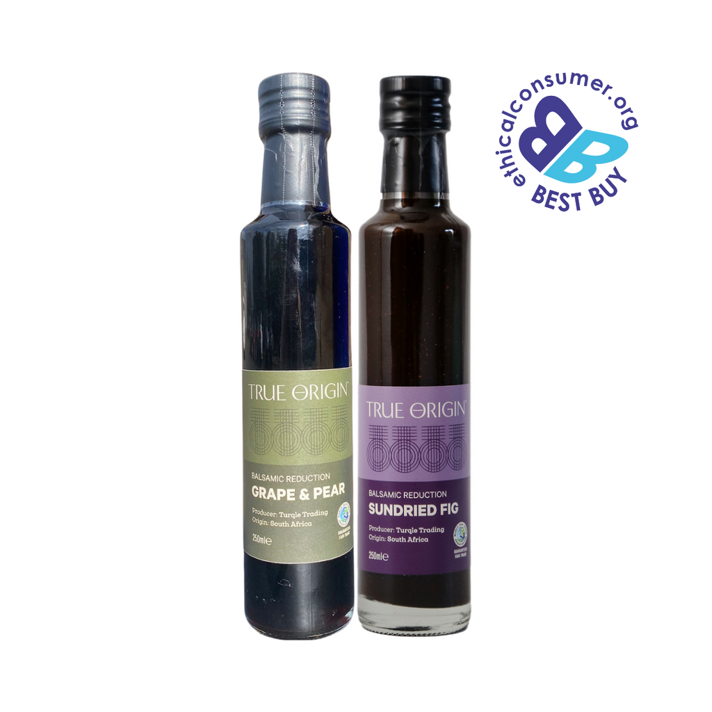 Two bottles of True Origin balsamic reductions on a white background with Ethical Consumer 'Best Buy' label.
