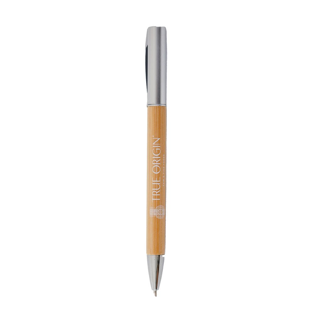 A bamboo and silver pen with a white True Origin logo and symbol.