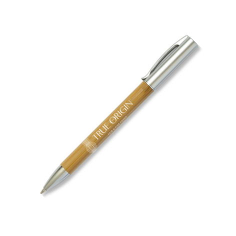 A bamboo pen with silver accents and the brand name 'True Origin' printed on the side.
