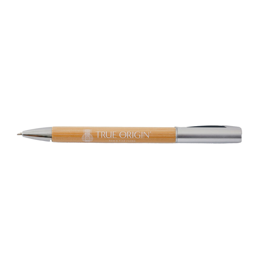 A bamboo and silver pen with a white True Origin logo and symbol.