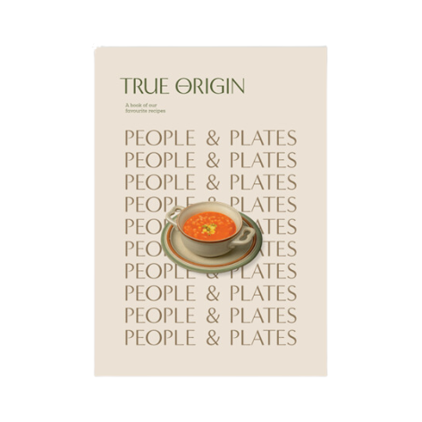 A cover image of a recipe book titled 'True Origin' featuring text and an image of a bowl of soup.