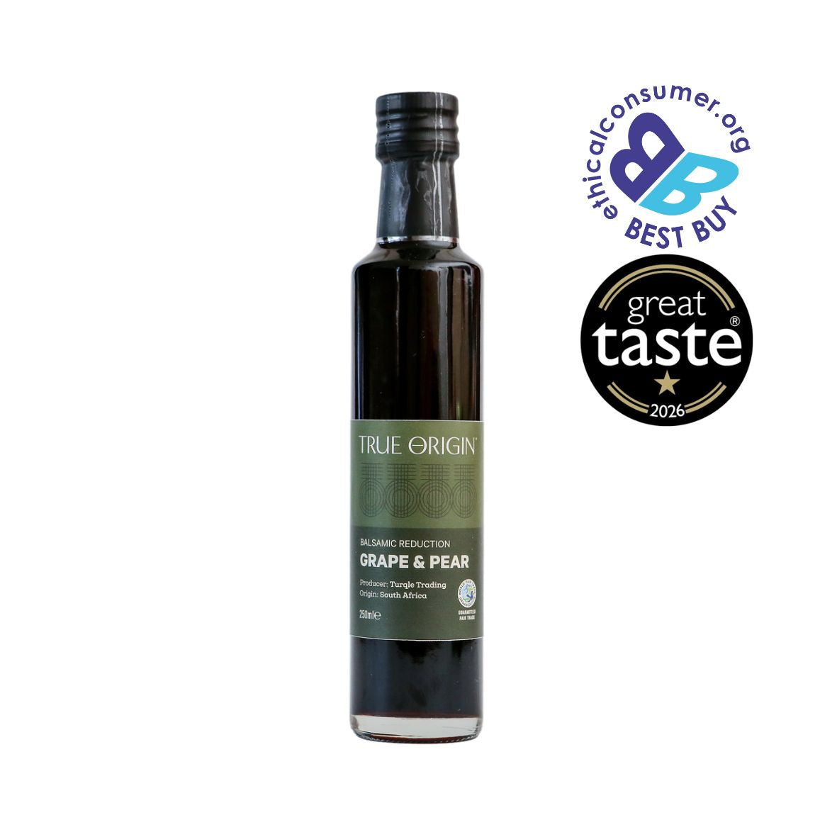 A bottle of True Origin Millorganic Reduction Grape & Pear balsamic vinegar. Two award badges are displayed on the top right: The Best Buy Logo and 1 star Great Taste Award 2026.