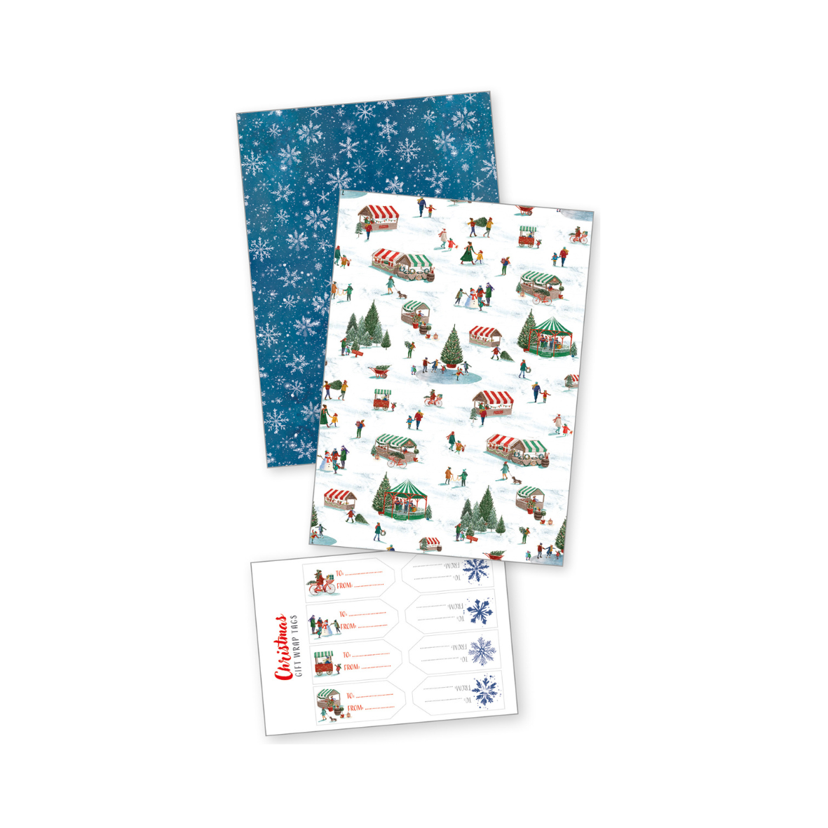 Two Christmas designed wrapping paper, with matching gift tags, on a white background.