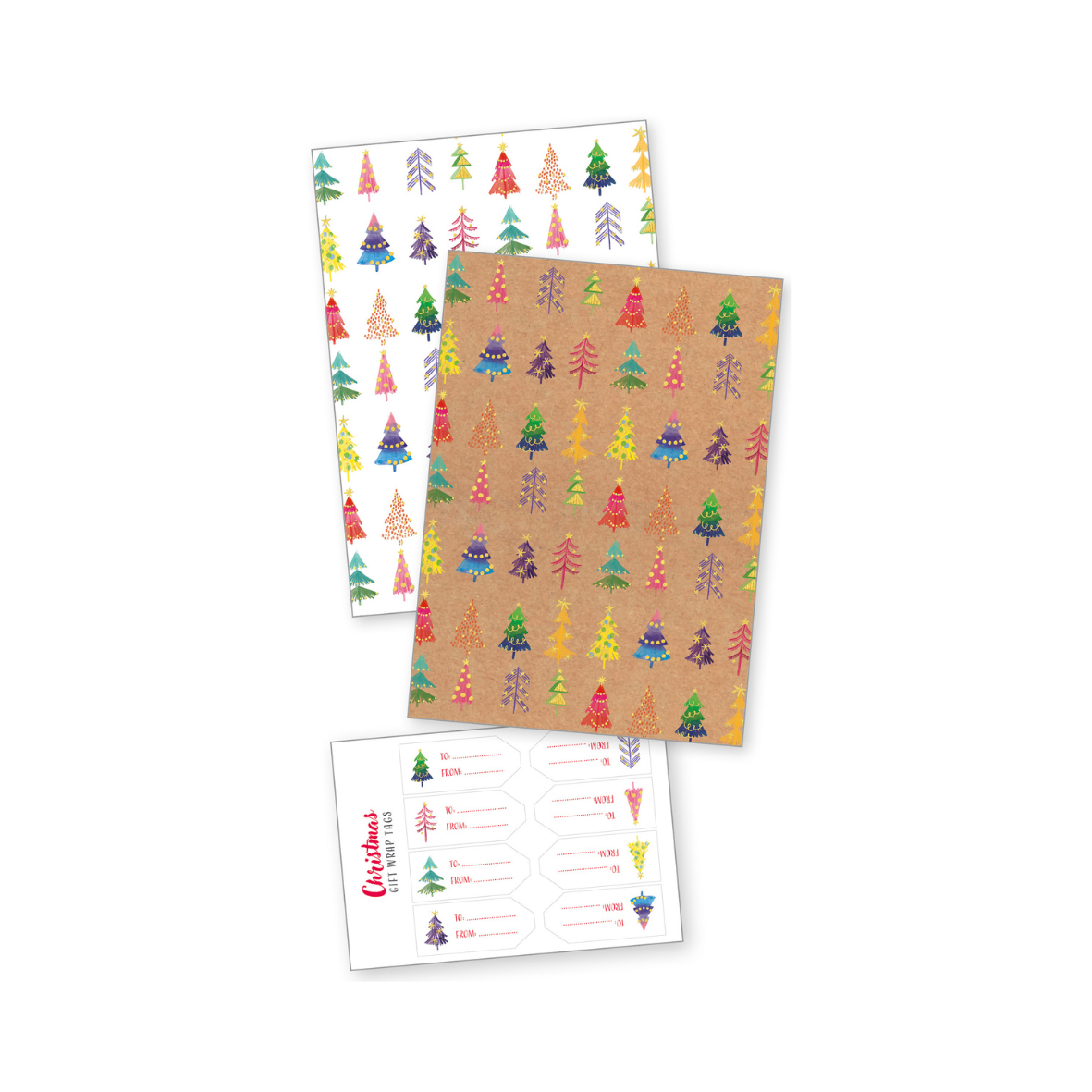 Two sheets of wrapping paper with Christmas tree patterns, with matching gift tags, on a white background.
