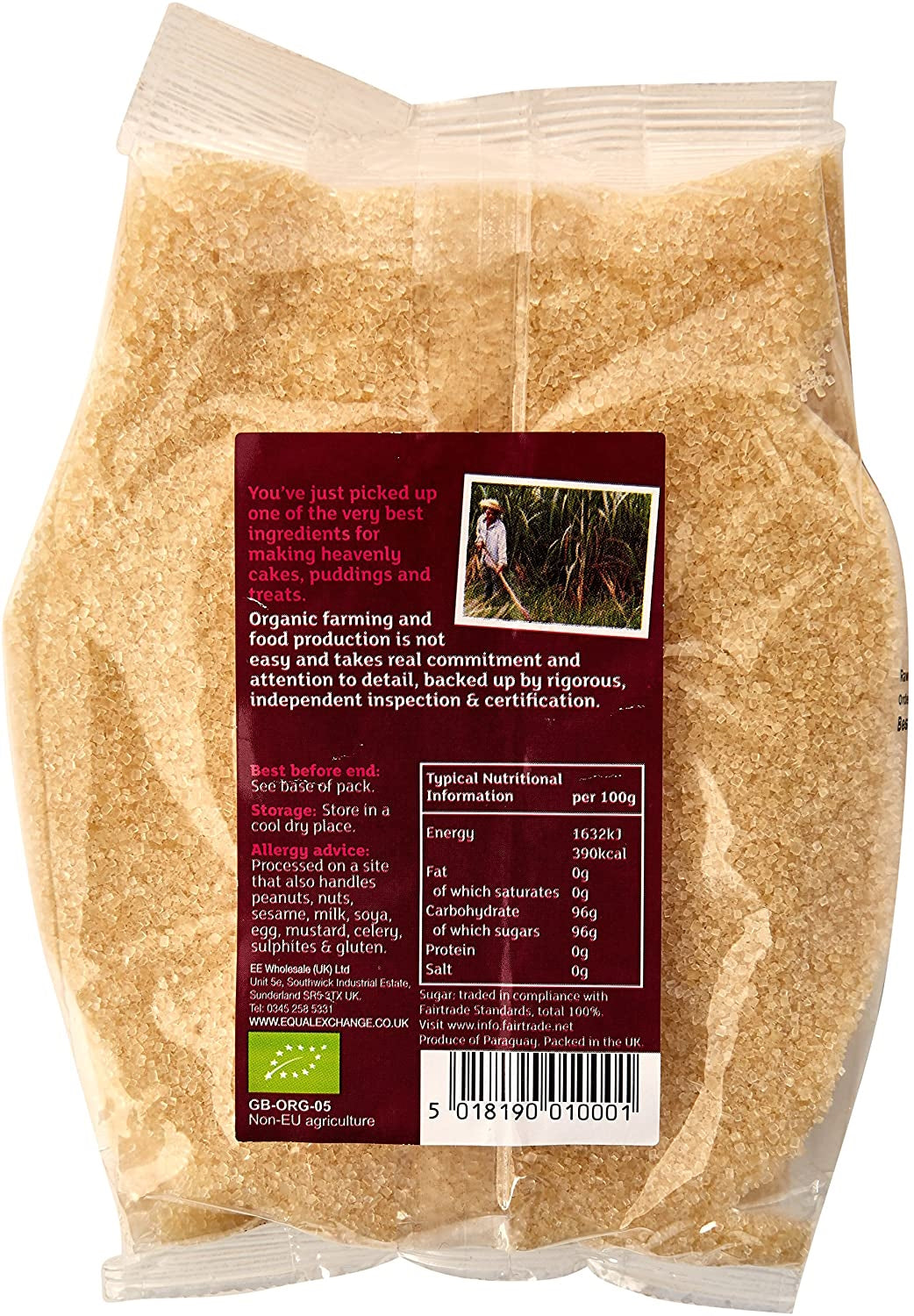 The back of a bag of sugar showing the label.
