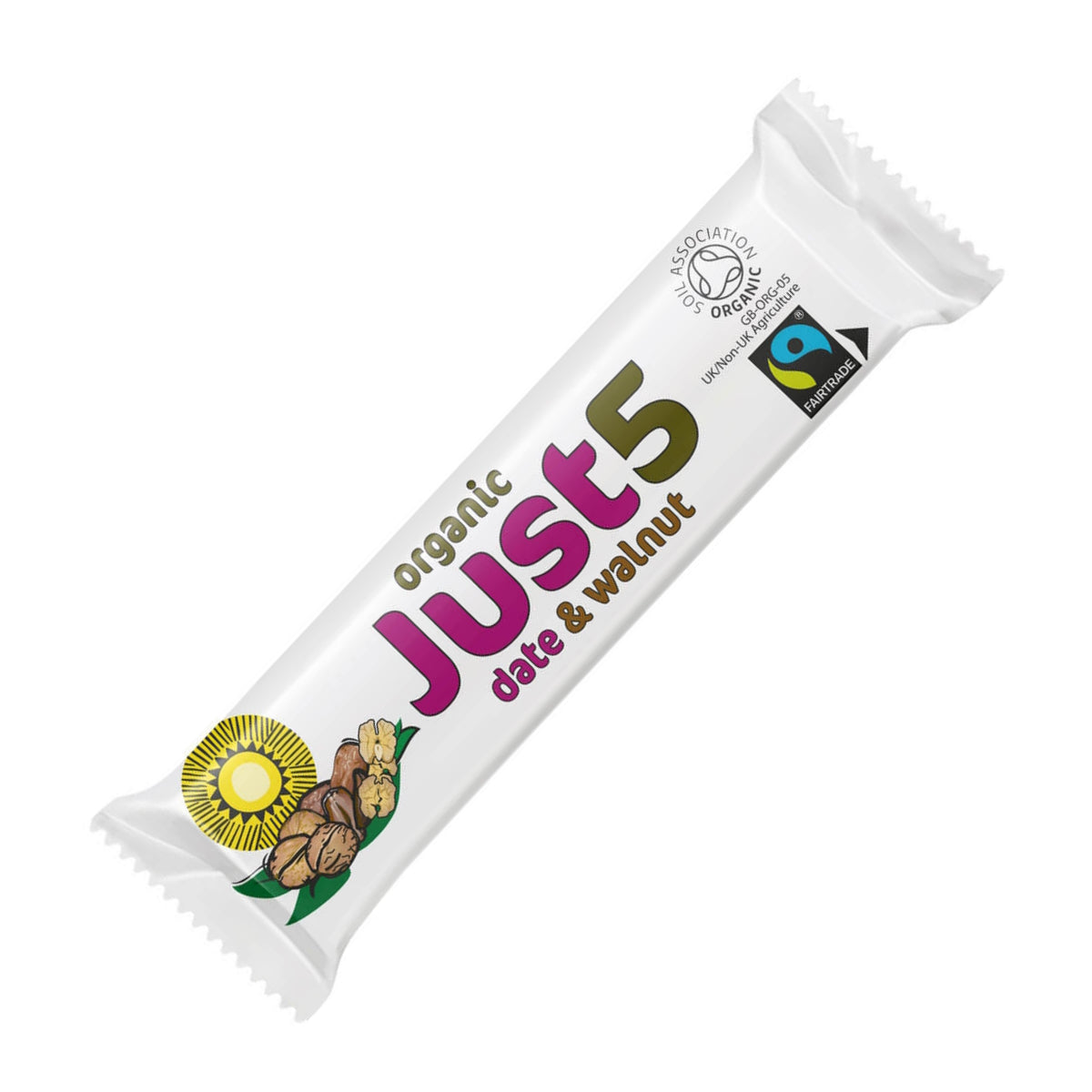 A Fairtrade Just 5 snack bar in date and walnut flavour.