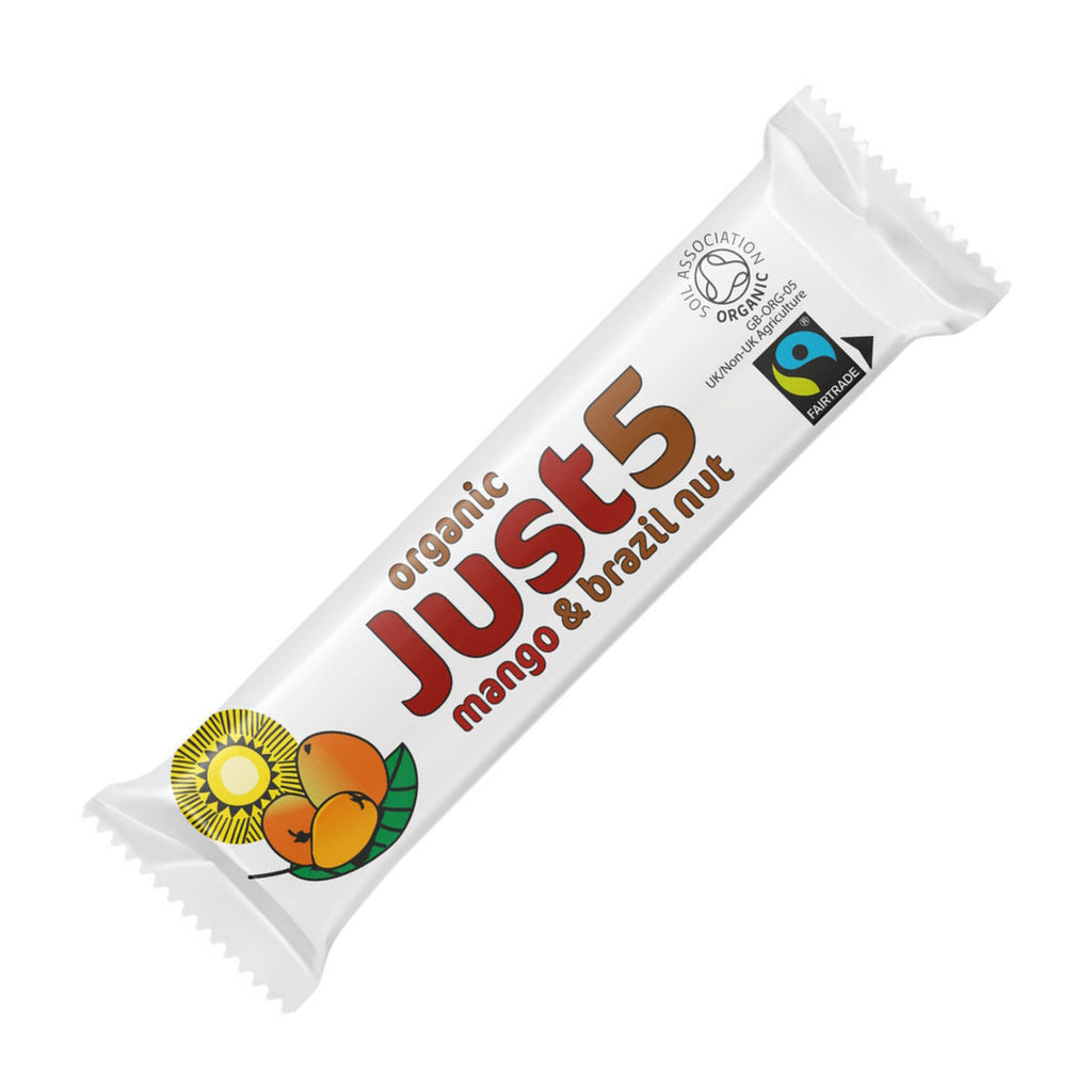 A Just5 Fairtrade snack bar with mango and brazil nuts.
