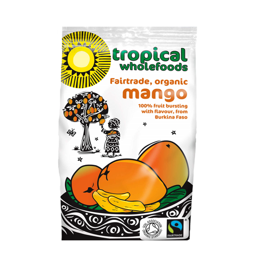 Packaging of Tropical Wholefoods Fairtrade Organic Dried Mango showing the product name and an illustration of mangoes and a sun.