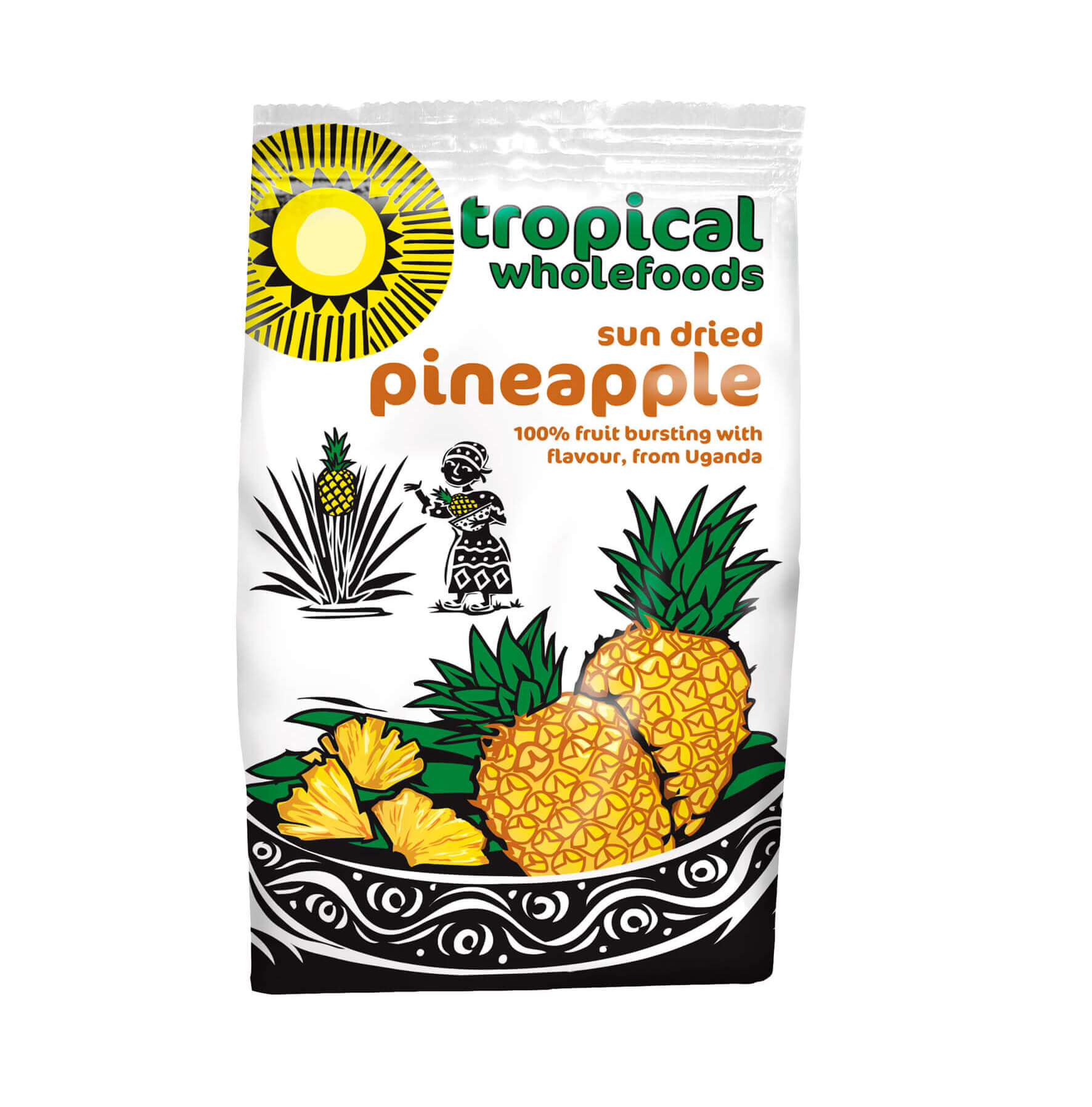 Packaging of Tropical Wholefoods sun dried pineapple, featuring illustrations of pineapples and a sun, with product information.