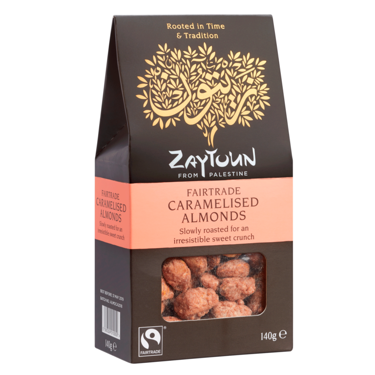 A box of Zaytoun carmelised almonds from Palestine with a window showing the almonds and the Fairtrade logo.