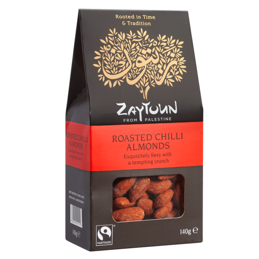 A box of Zaytoun Fairtrade roasted chilli almonds from Palestine.