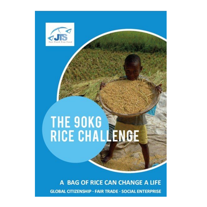 The cover of the 90kg Rice Challenge Pack showing a boy holding up a basket of unprocessed rice straight from the field.